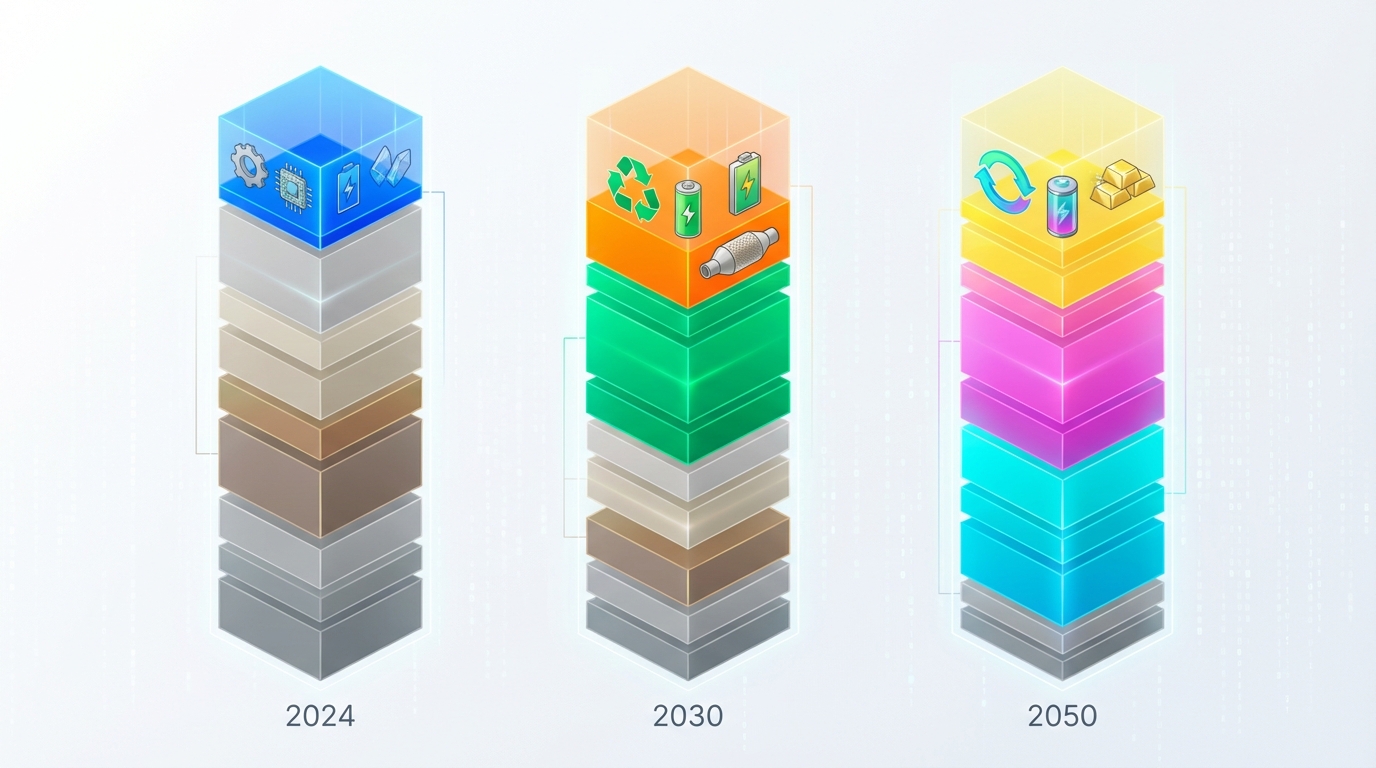 Conceptual visualization of how recycling’s contribution to metal supply grows over time relative to primary mining.