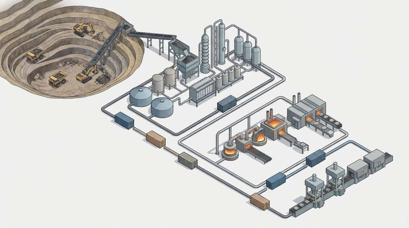 From mine to magnet: a simplified visualization of the rare earth supply chain.