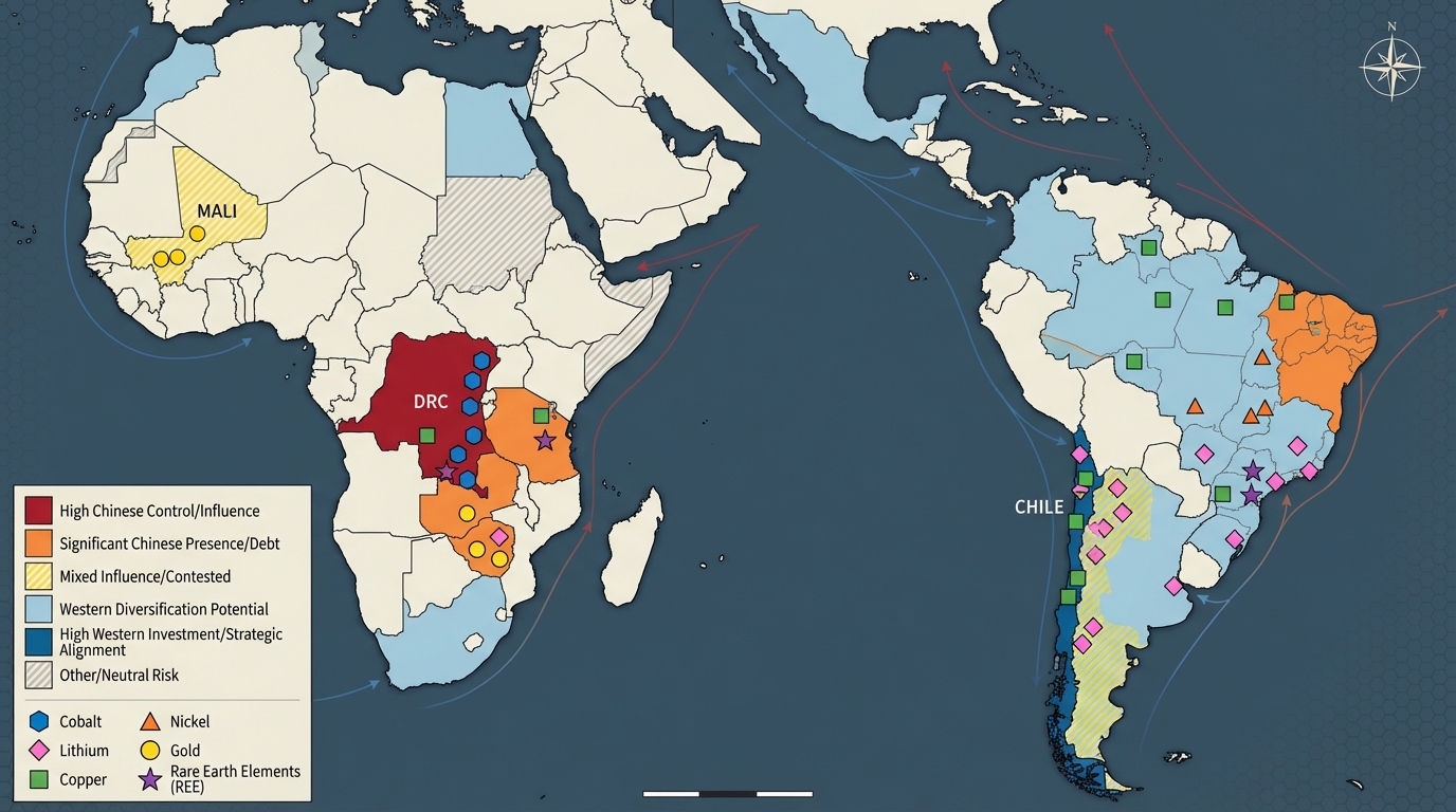 Geopolitical map of key China-plus-one mining jurisdictions in Africa and Latin America.
