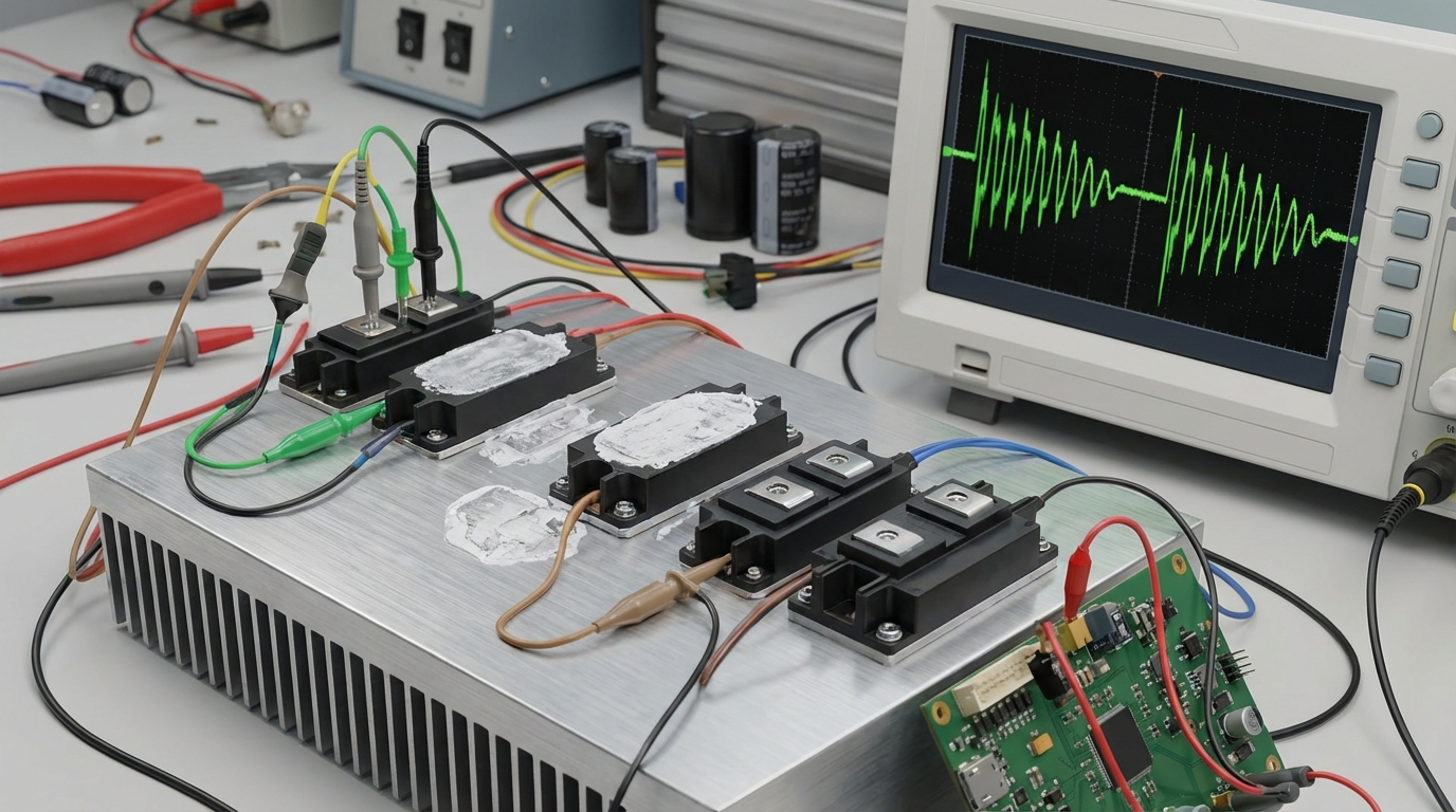 Laboratory test setup for evaluating GaN and SiC power devices.