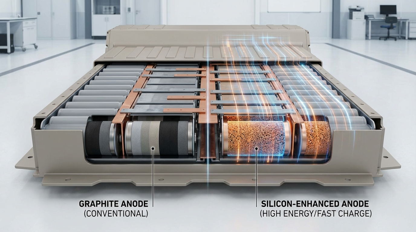 Illustrative EV battery pack showing the transition from graphite to silicon-enhanced anodes.