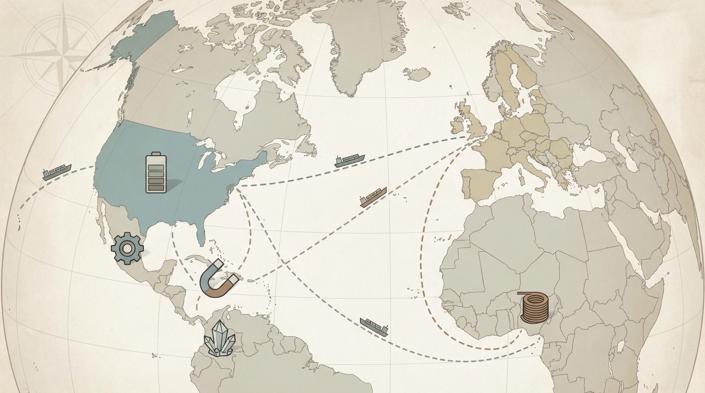Global critical minerals supply routes linking the US, EU, and major producer regions.
