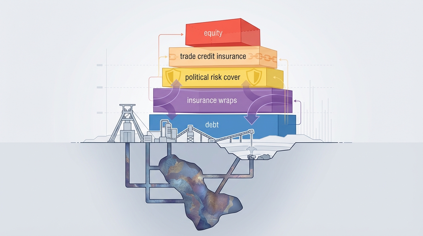 Insurance wraps and trade credit structures sit alongside equity and debt in financing high‑risk mining projects.