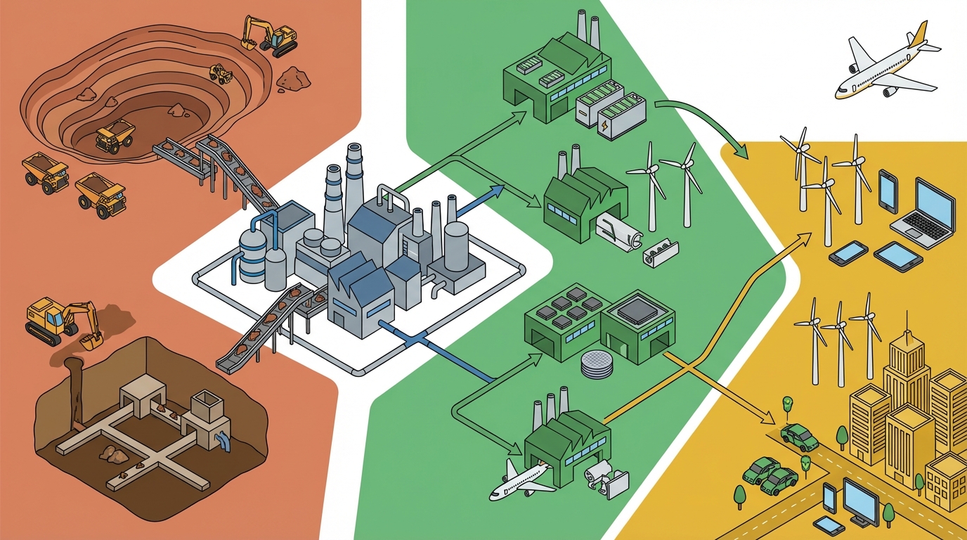 Schematic of the critical minerals supply chain from extraction to key end-use sectors.