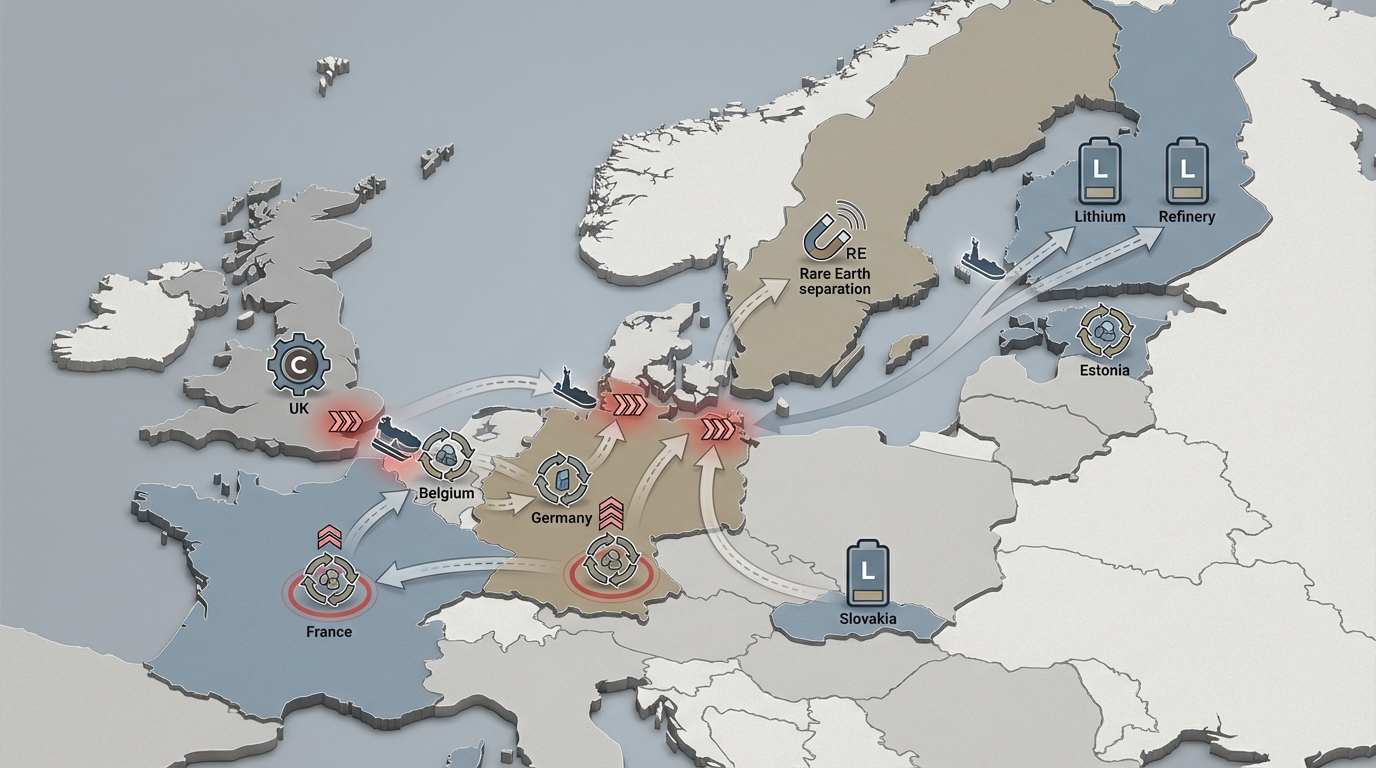Geographic distribution of key critical mineral processing facilities across Europe and adjacent UK sites.
