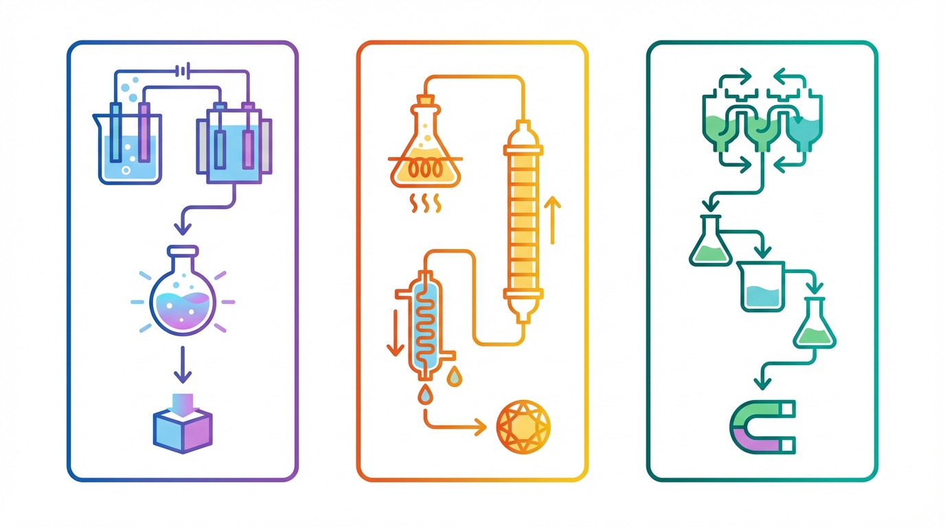 Contrasting the key process differences between gallium, germanium, and rare earth element flowsheets.