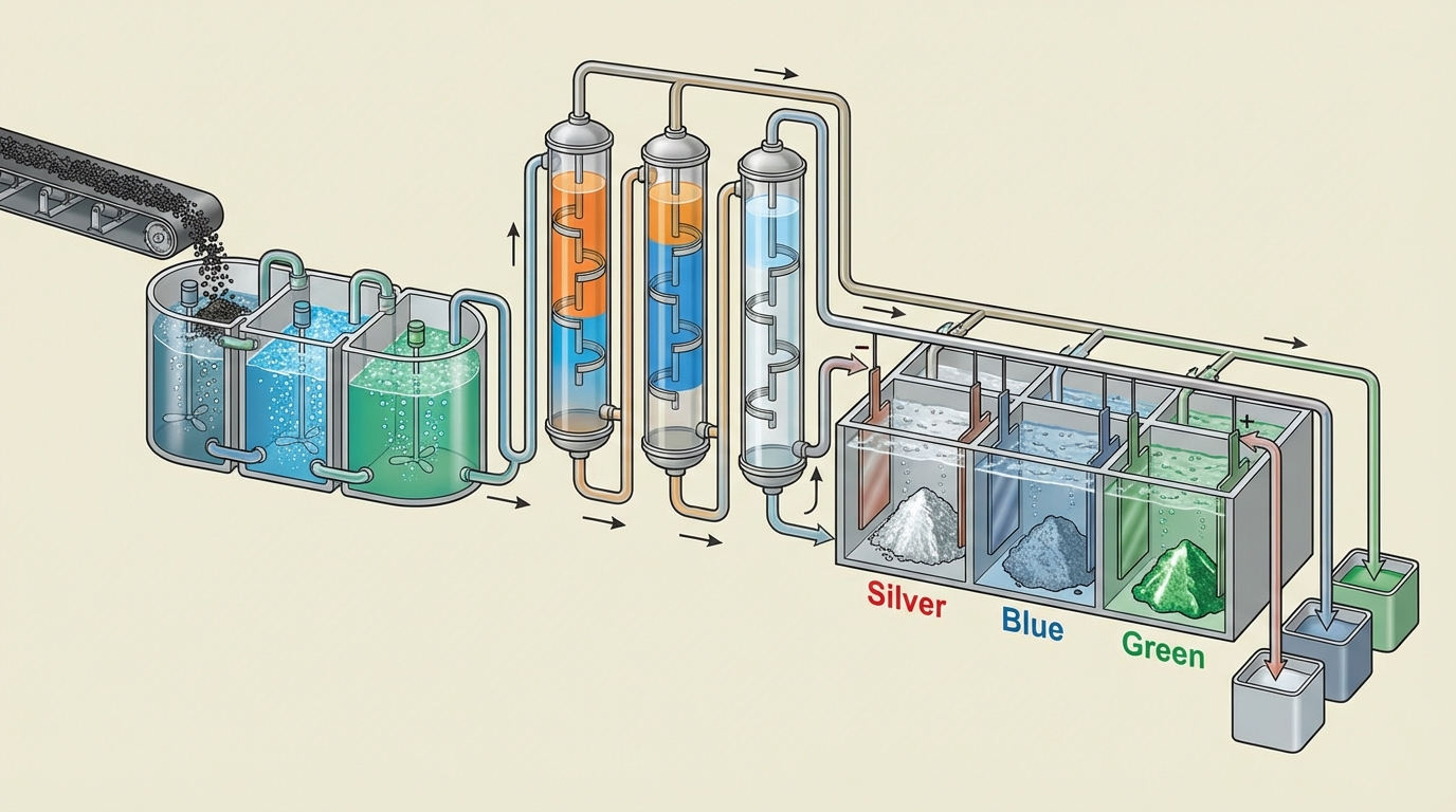 Process flow from black mass to recovered battery metals using hydrometallurgical methods.