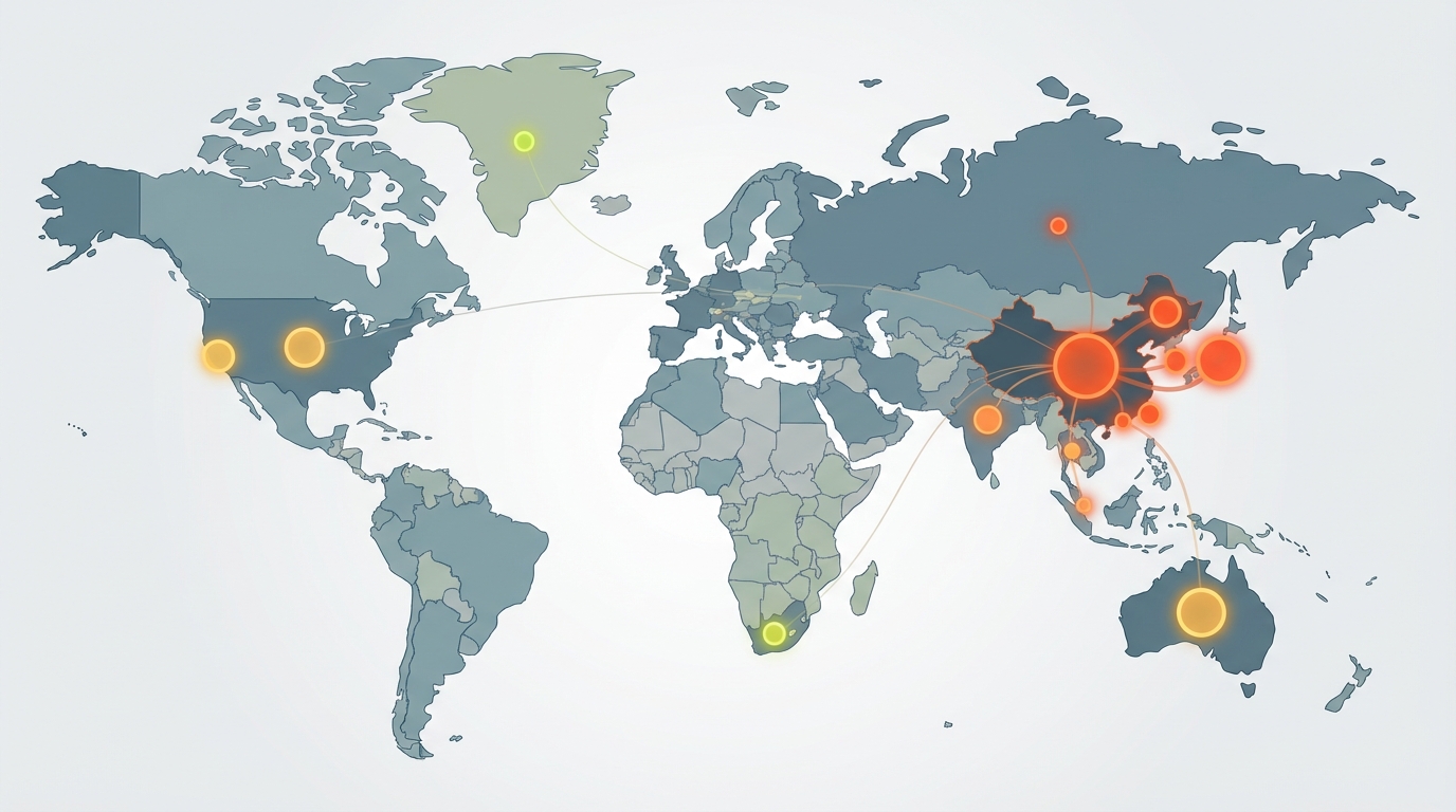 Global distribution of key dysprosium and terbium mining and processing sites.