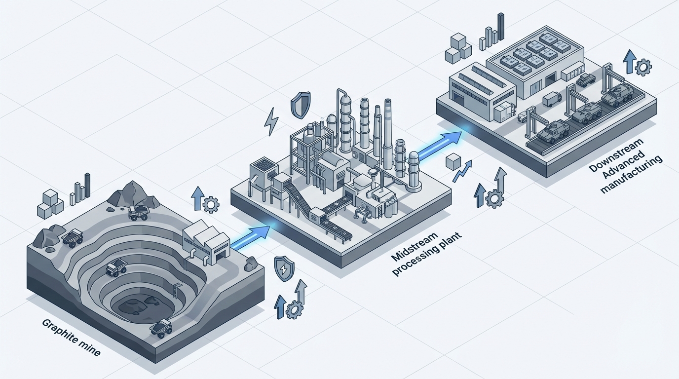 Conceptual supply chain for strategic materials offtake agreements, from mine to end user.