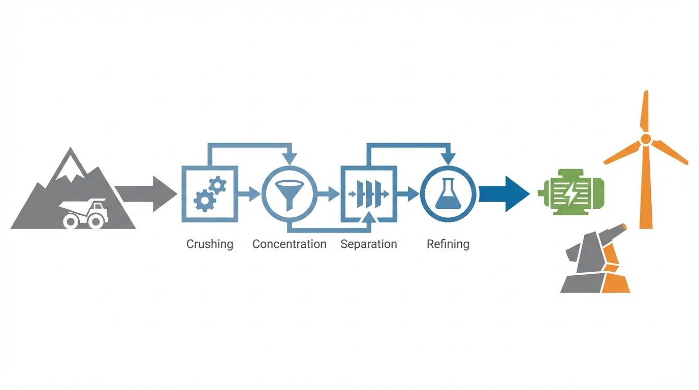 Schematic of the mine-to-OEM value chain highlighting the midstream separation bottleneck.