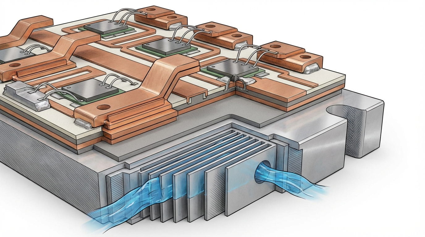 Structure of a silicon carbide power module used in high-voltage EV traction inverters.