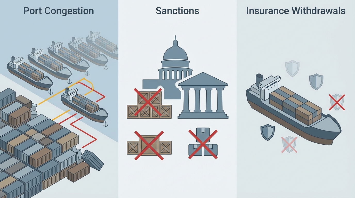 Interlocking impacts of port congestion, sanctions, and insurance risk on maritime trade