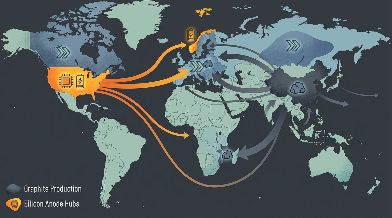 Global supply chain concentration for graphite versus emerging silicon anode production.
