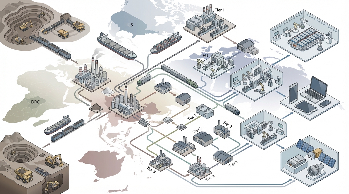 Illustration of a multi-tier global supply chain for strategic materials.