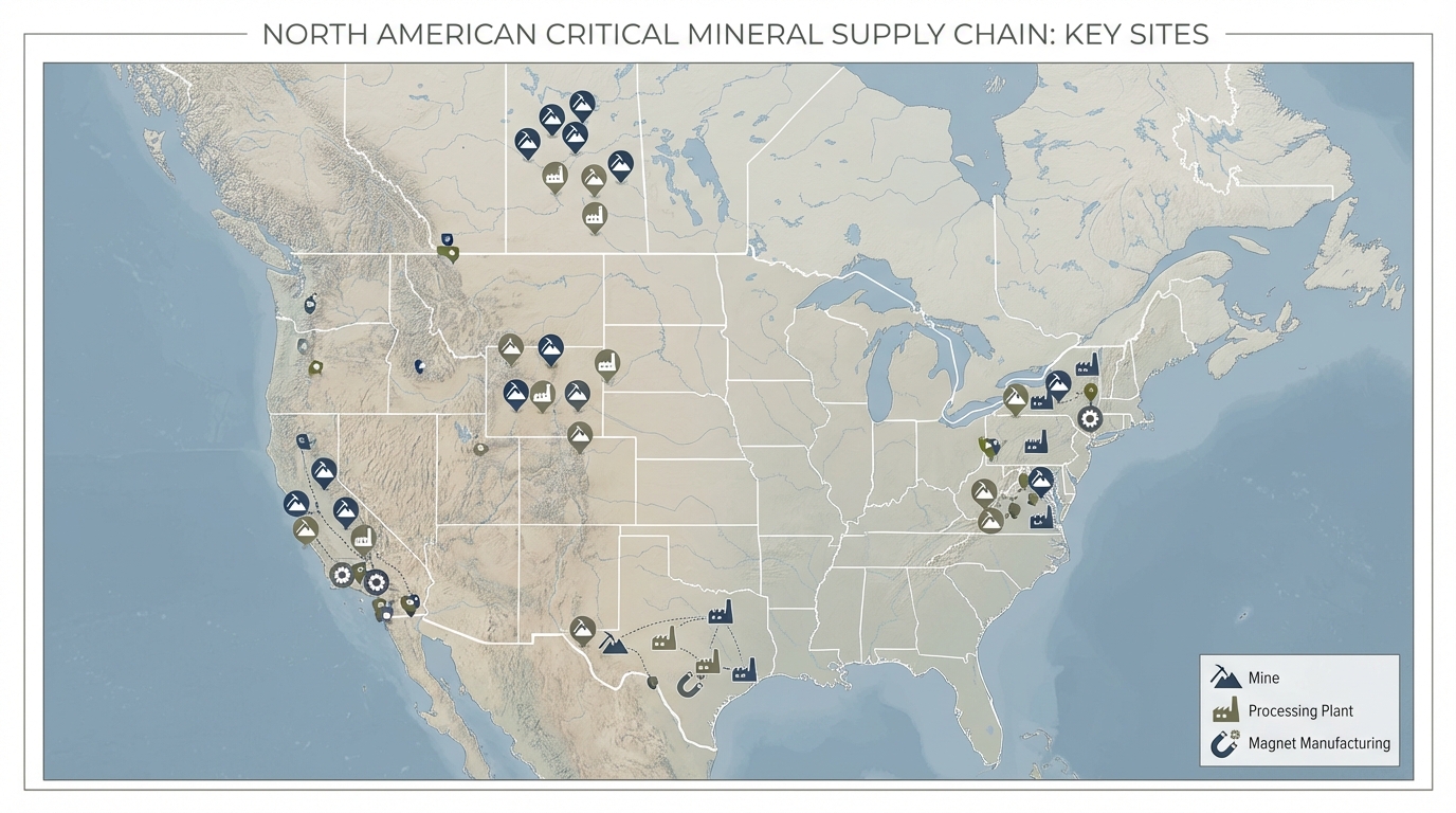  Geographic layout of emerging North American rare earth and critical mineral hubs.