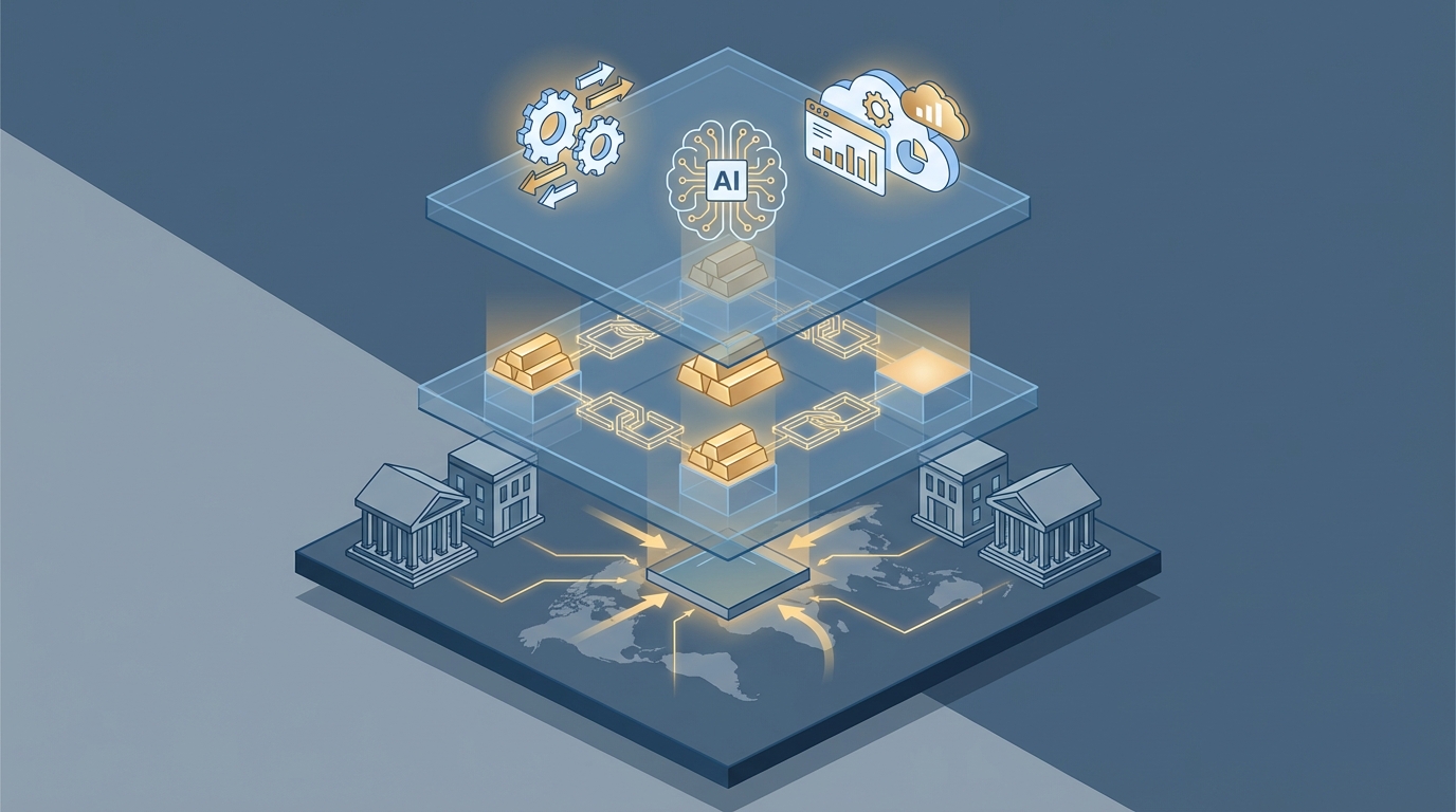 Ecosystem view of how central bank demand, tokenized gold, and AI-driven platforms interact.