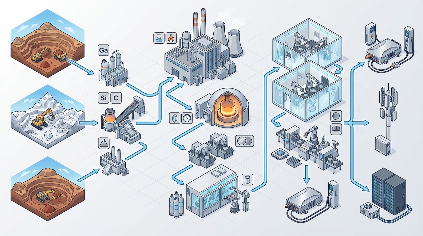 Conceptual visualization of the wide-bandgap device supply chain from raw materials to power modules.