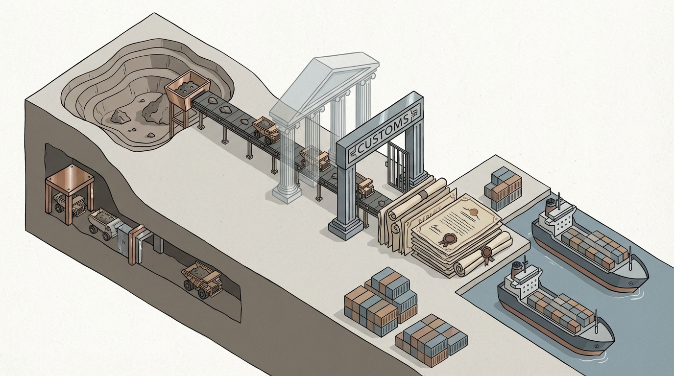Visual metaphor of how permitting delays, customs enforcement, and court decisions create chokepoints in the metals supply chain.