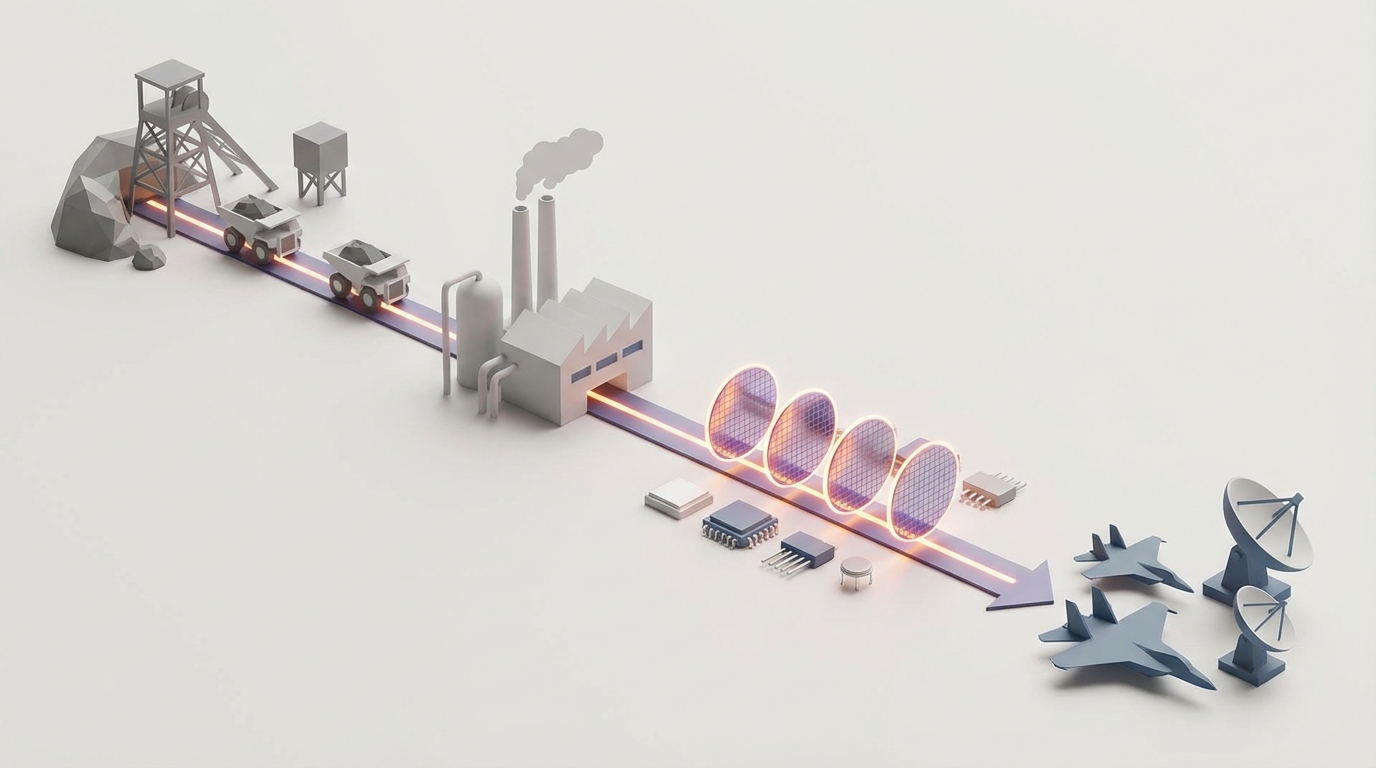 Conceptual visualization of the gallium supply chain from mining and processing to advanced electronics and defense applications.