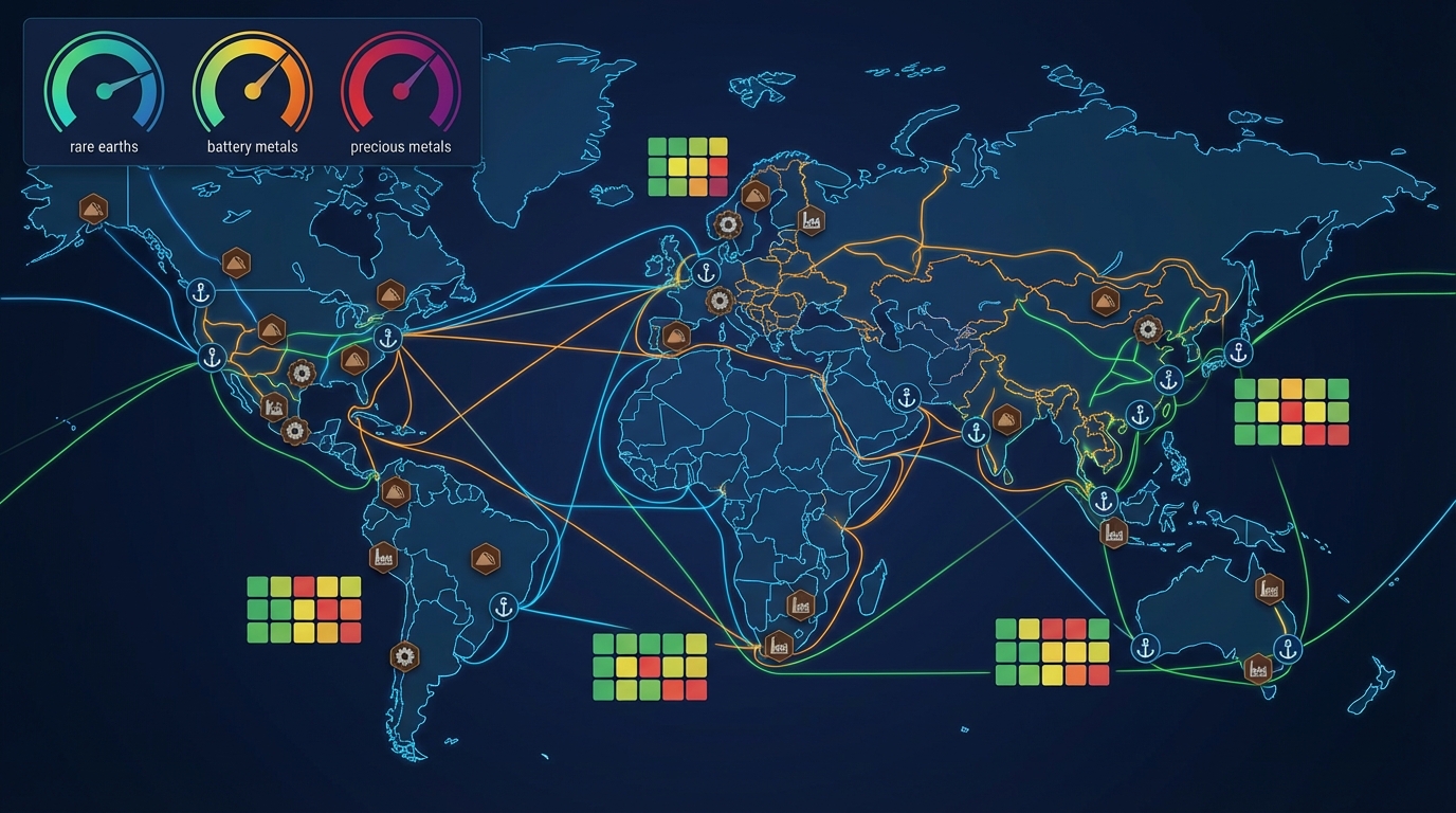 Global strategic metals supply chain with integrated risk indicators.
