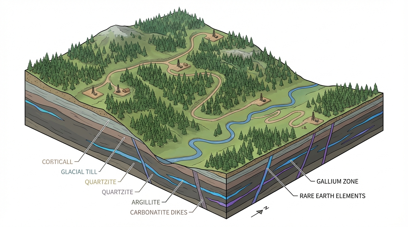 Geological visualization of the Sheep Creek area in southwest Montana, showing carbonatite dikes hosting gallium and rare earth elements.