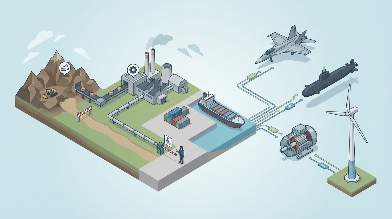 Illustrated supply chain from rare earth mines to defense and clean energy applications, with visible points of disruption.