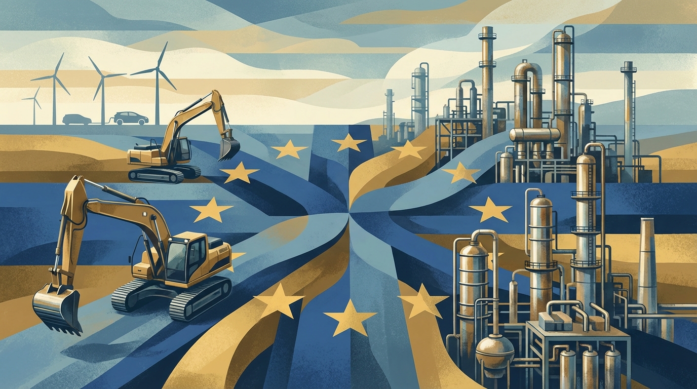Editorial illustration conveying the tension between Europe’s green ambitions and the difficulty of scaling critical raw materials extraction and processing.