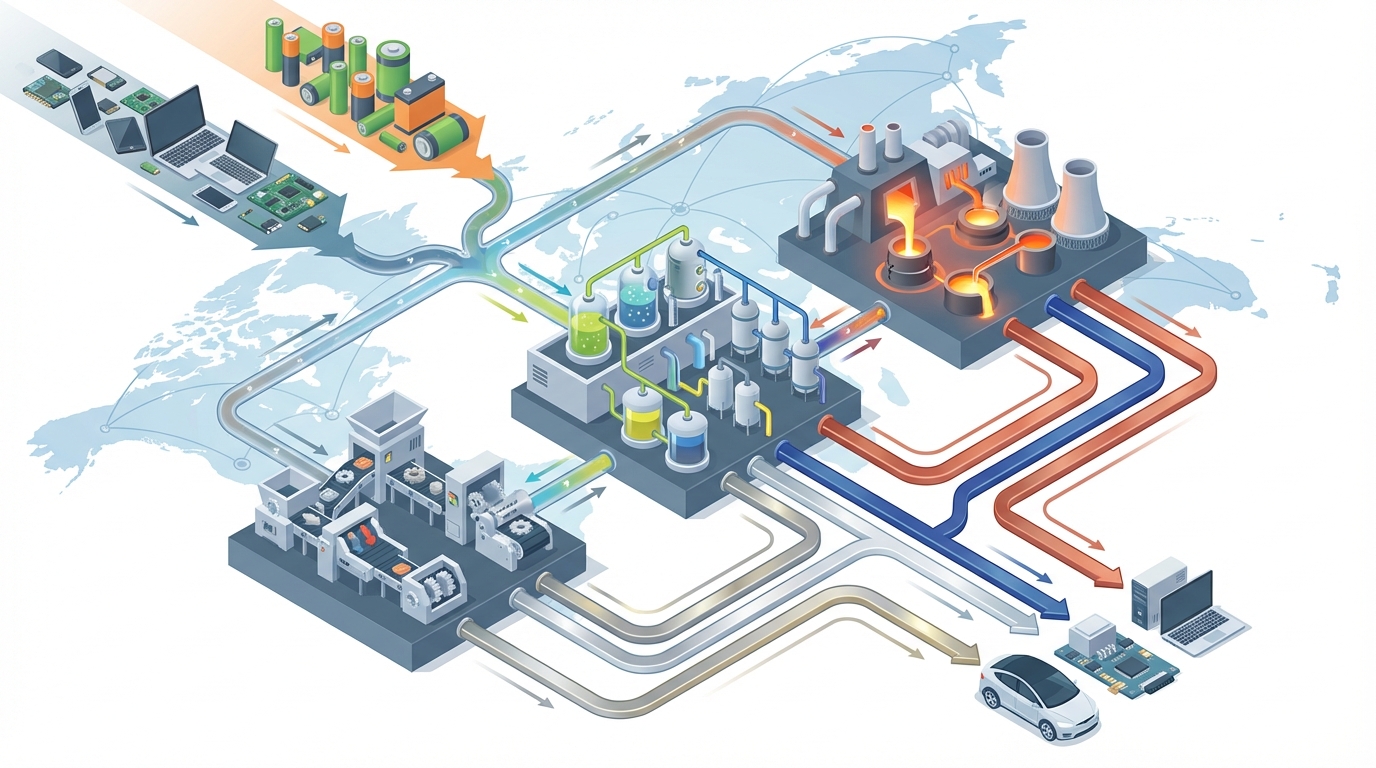 Schematic overview of global recycling flows for strategic metals from e-waste and batteries.