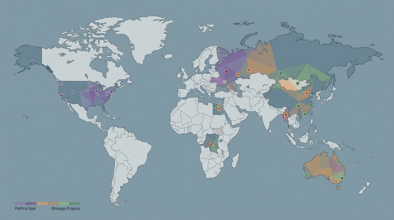 Global map of key rare earth and strategic metal jurisdictions with elevated political risk.