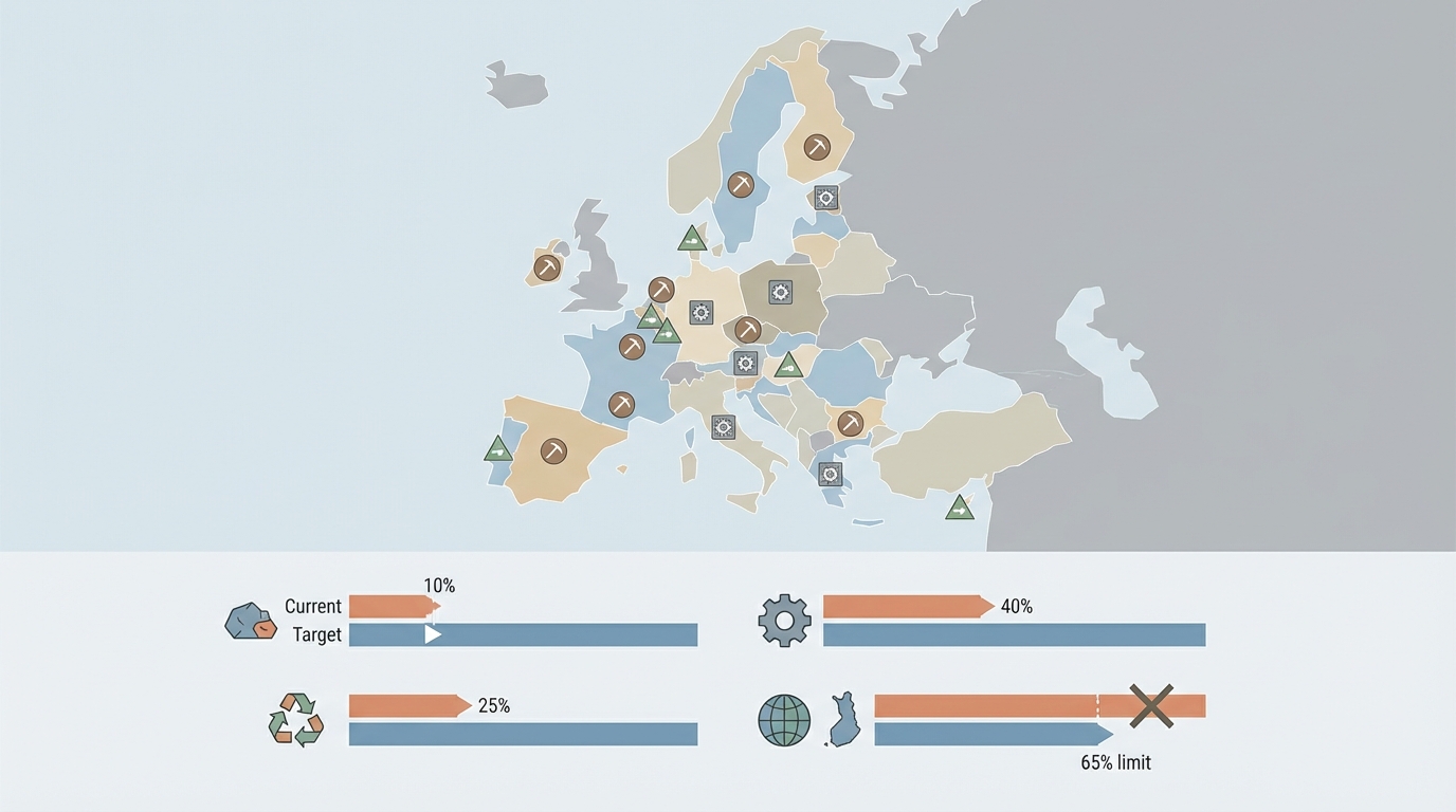 Visualizing the gap between EU CRMA 2030 targets and current extraction and processing levels.