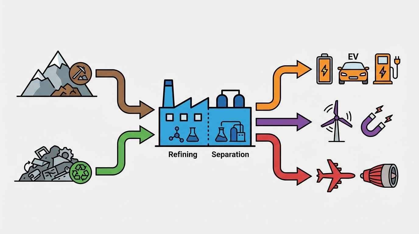 The critical minerals value chain, with processing capacity as the central bottleneck between raw inputs and strategic end uses.