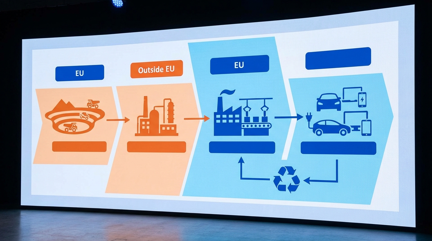 Schematic of a critical raw materials supply chain showing where EU capacity is concentrated and where it is missing.