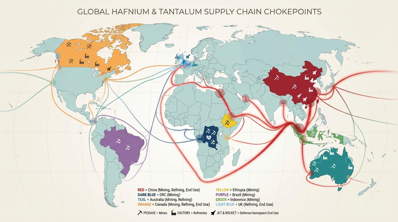 Global hafnium and tantalum supply-chain chokepoints and diversification hubs.