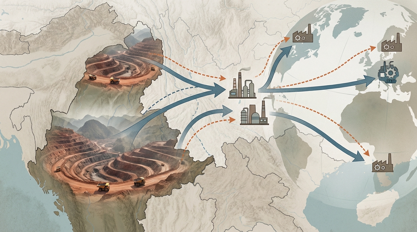 Illustrated supply-chain map showing northern Myanmar HREE flows into Chinese refineries and onward to global magnet factories.