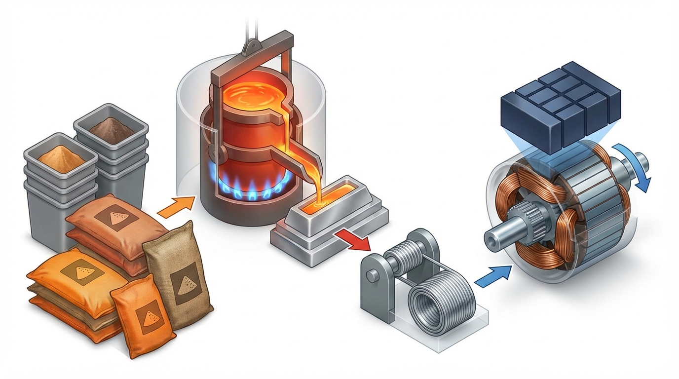 Technical cutaway showing stages from HREE oxide feedstock to finished high-temperature NdFeB magnet.