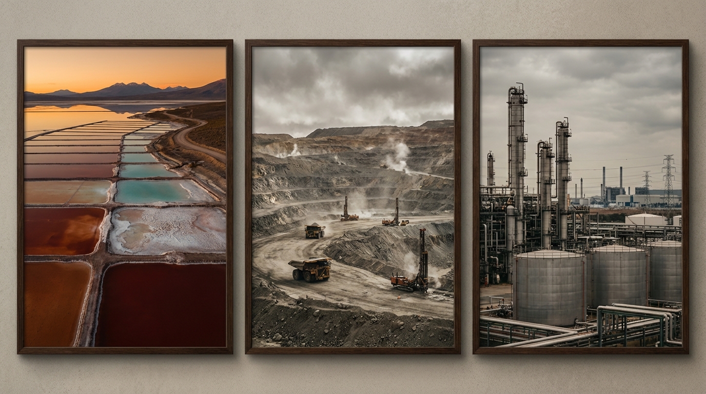 Contrast between low-cost brine operations, hard-rock mining, and industrial refining.