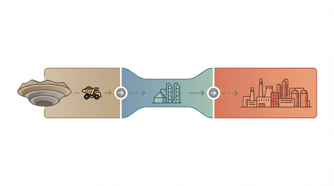 Diagrammatic illustration of the reserve-to-processing gap in the U.S. rare-earth supply chain.
