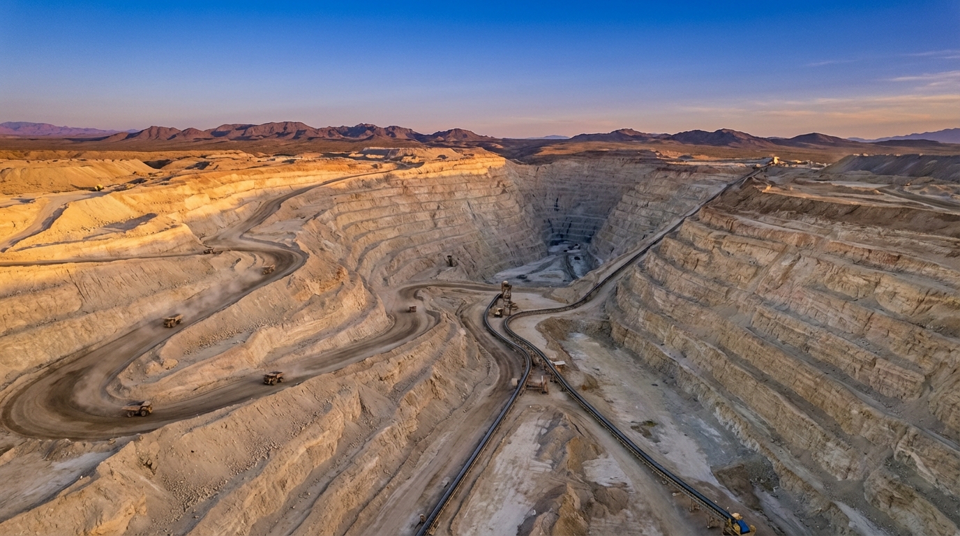 Aerial view of a U.S. open-pit rare-earth mine, illustrating scale and geology.