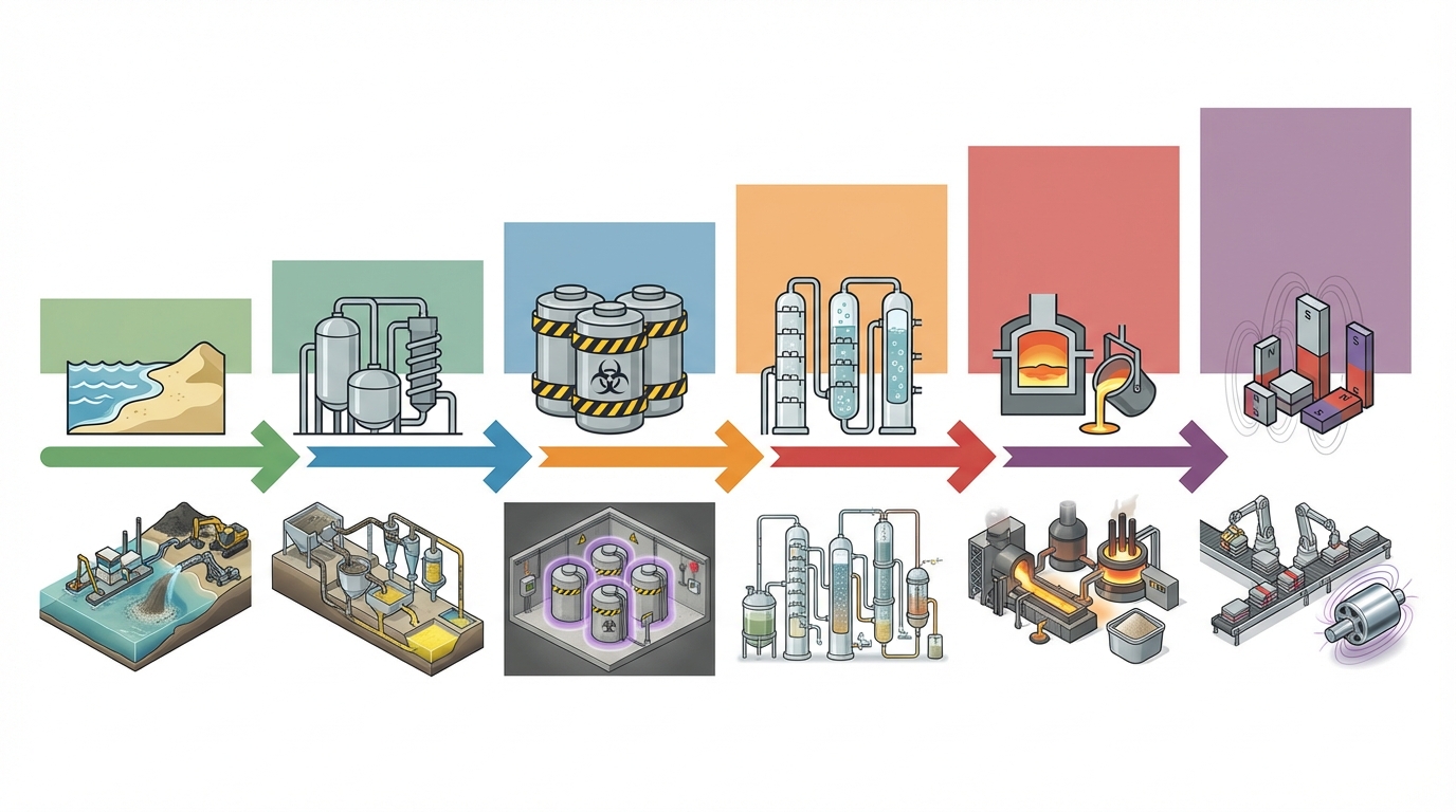 Value-chain diagram from monazite mining to finished sintered rare-earth permanent magnets.
