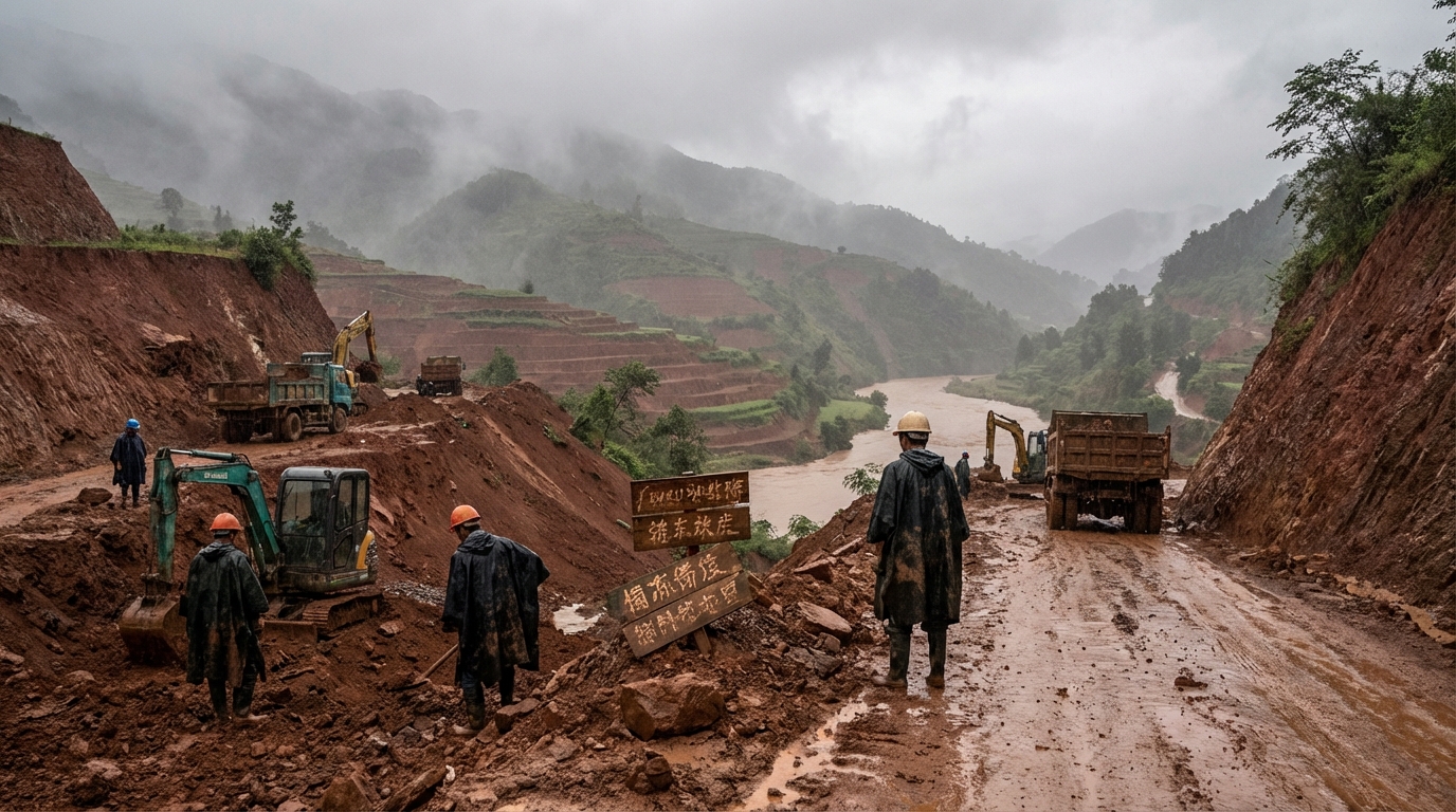On-the-ground view of HREE ion-adsorption clay mining in northern Myanmar under monsoon conditions.