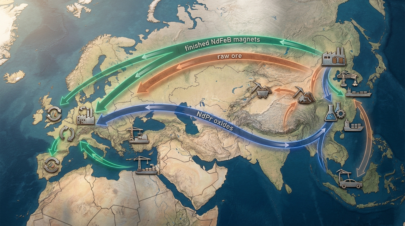 Illustrated supply-chain flow of rare-earth materials from China to European magnet facilities and end uses.