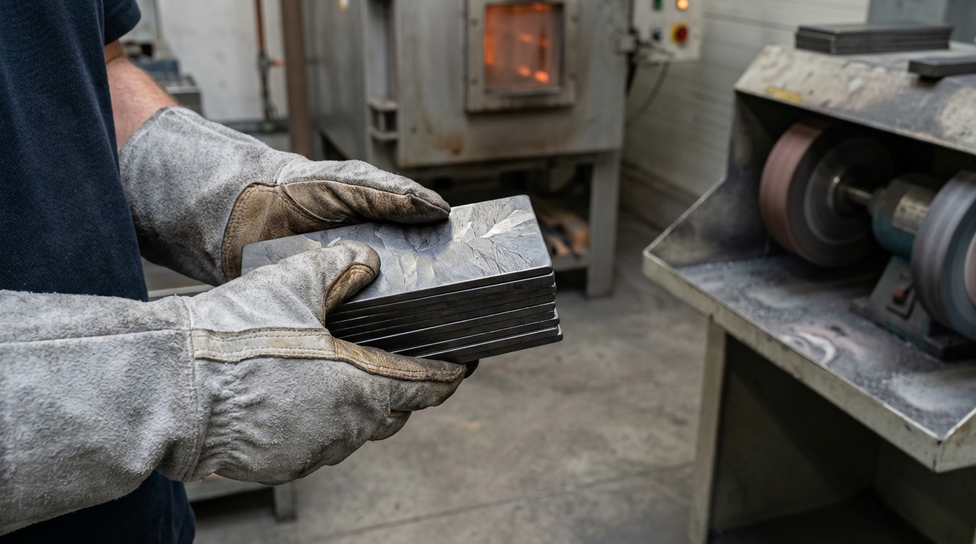 Magnet production close-up showing sintered NdFeB magnets and manufacturing steps.