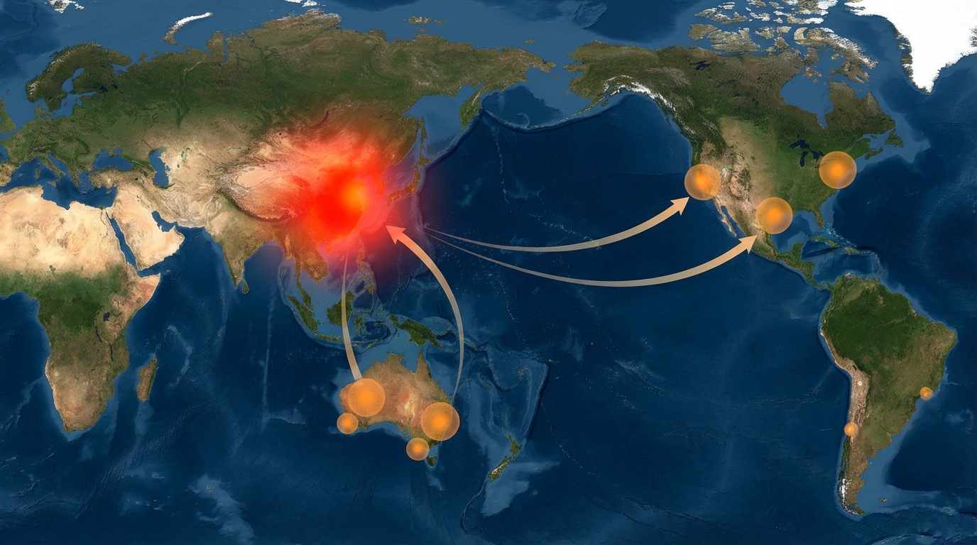 Global map showing concentration of rare-earth processing in China vs mining locations worldwide (no text).