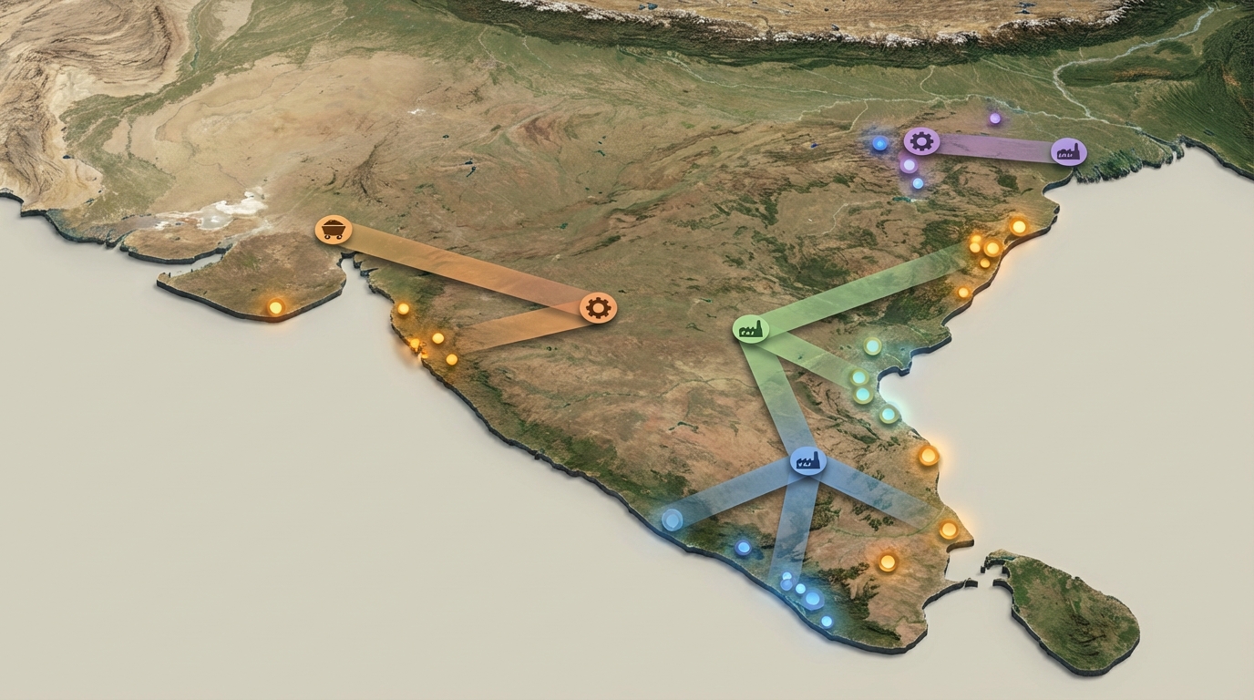 Map showing proposed rare-earth corridors and major monazite deposit clusters in India.