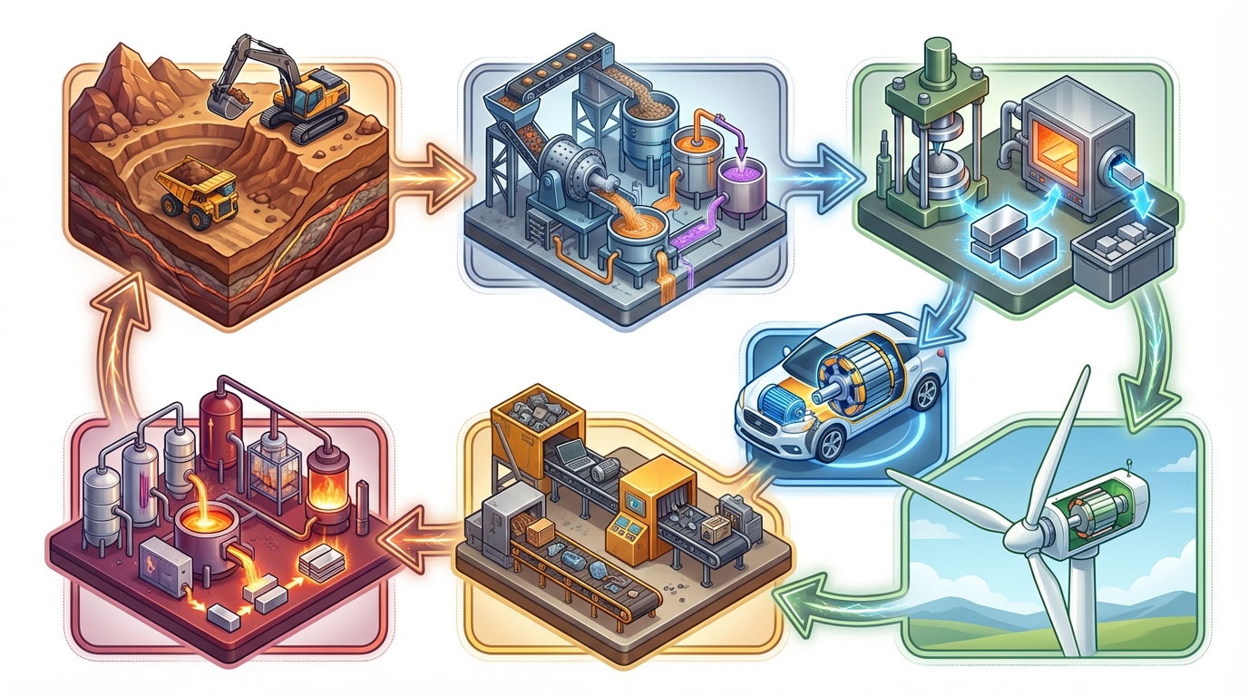 Lifecycle infographic of NdFeB magnets from extraction to recycling and reuse.