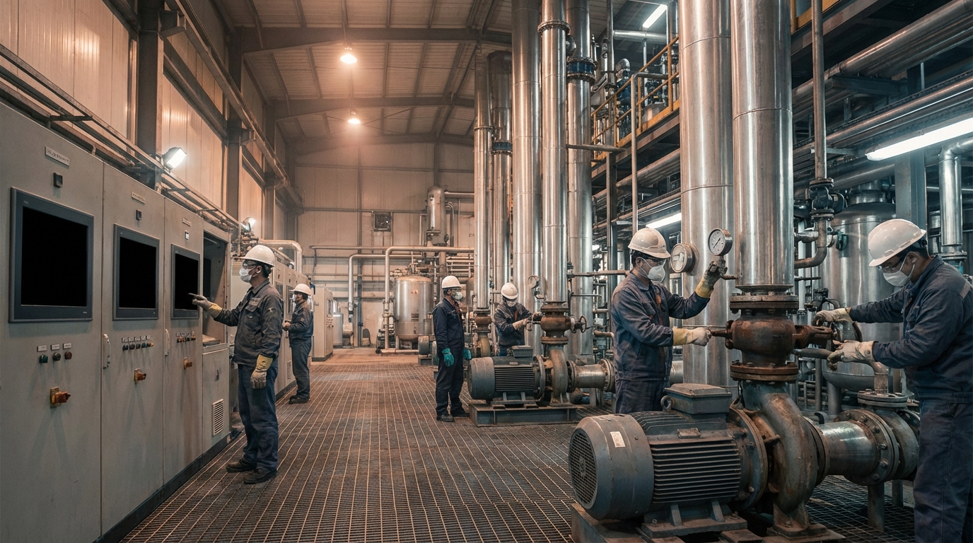 Midstream separation/refining facility interior illustrating solvent extraction operations.