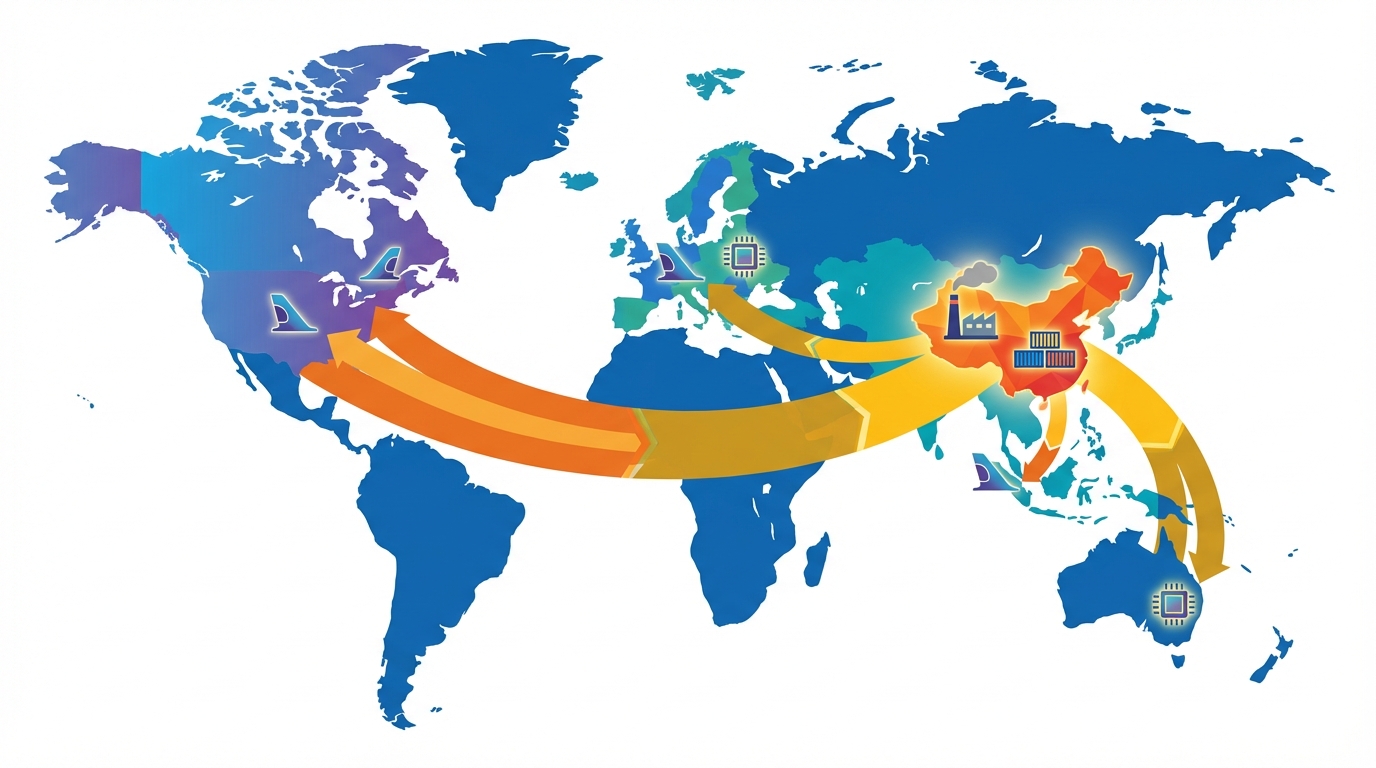 Conceptual flow map of global yttrium supply showing concentration of production in China and export routes.