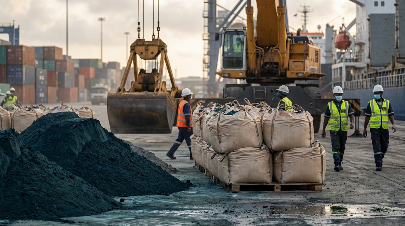 Stockpiled cobalt hydroxide at a port illustrating export bottlenecks and feedstock staging.