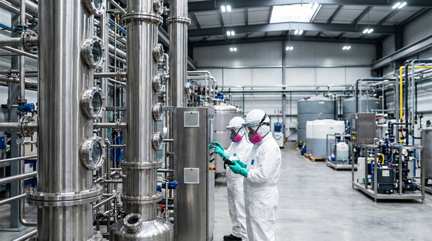 Interior view of a rare-earth separation facility showing solvent-extraction columns and process equipment.