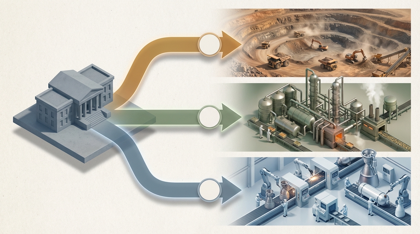 Isometric flow diagram showing government capital directed to mining, processing, and manufacturing sites.